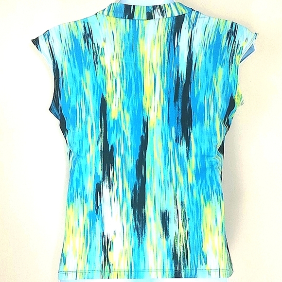 Tank top cowl neck stretch gathered sides blue yellow black abstract print EUC - Picture 2 of 9